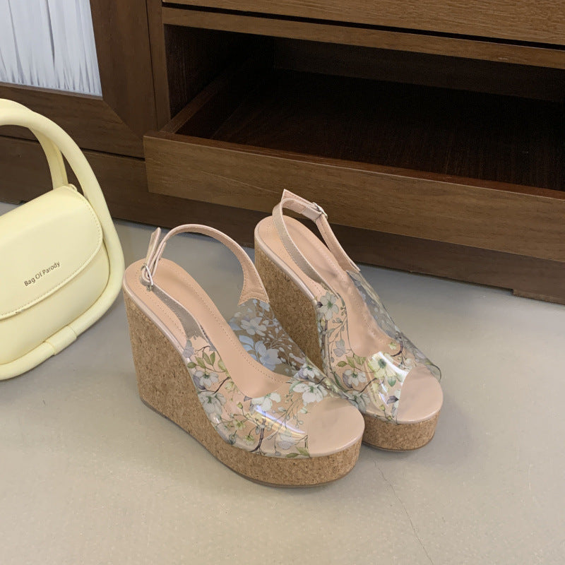 2026 new korean style transparent printed wedge sandals platform fish mouth women's shoes vacation style height increasing slides