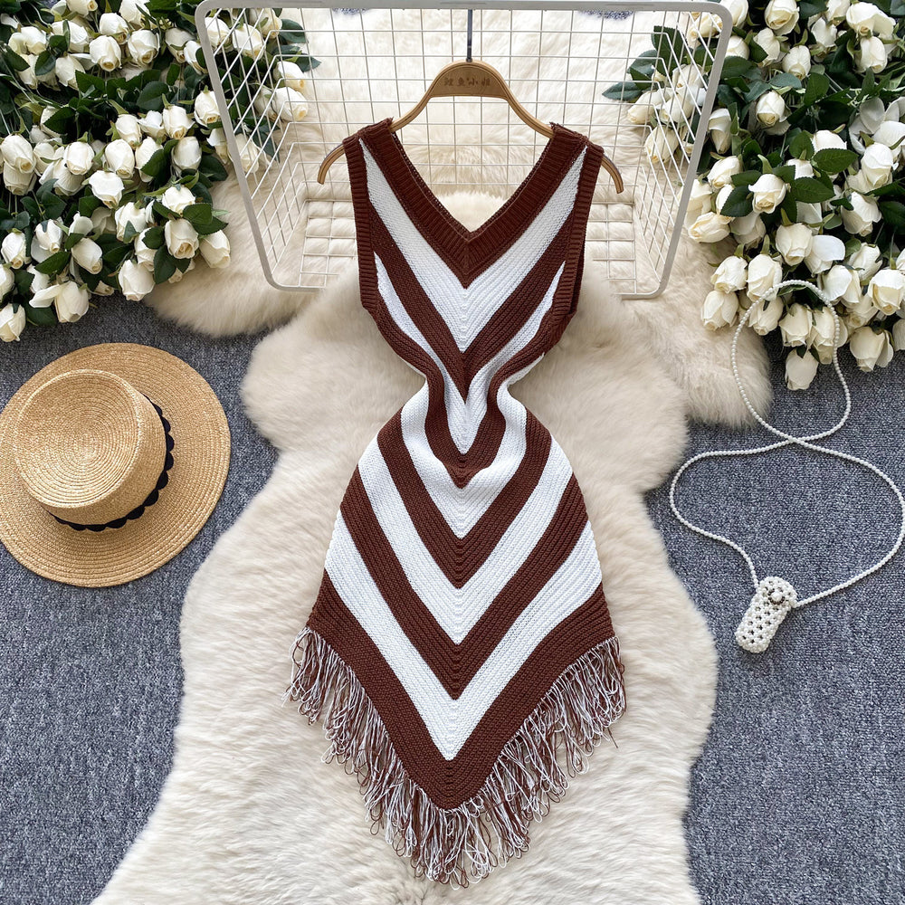 Women's vacation outfit: summer retro color block argyle slim fit asymmetrical tassel dress