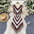Women's vacation outfit: summer retro color block argyle slim fit asymmetrical tassel dress