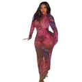 European and american style  foreign trade retro print women's slightly sheer bodycon dress with high neck and long sleeves - elegant and slim-fitting