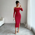 fashionclassy off-shoulder dress silmslimming look slit hip-covering long sleeves banquet dress mid-length skirt