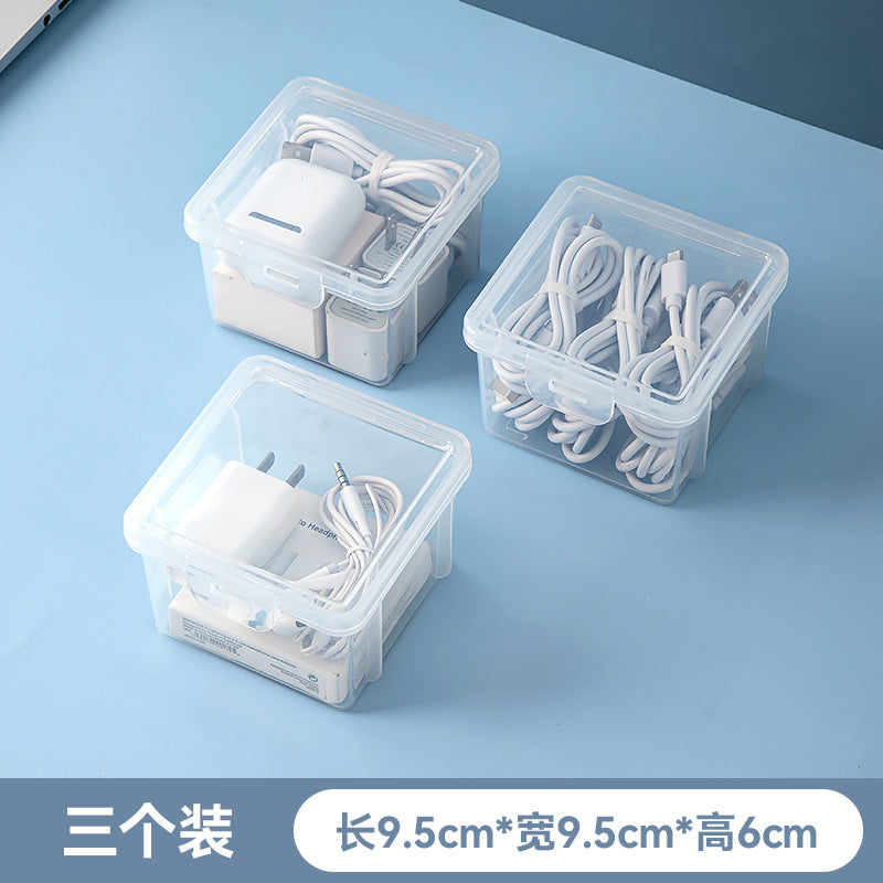 Desktop multi-functional sundries storage box, transparent plastic with cover, stackable accessories, earphone data cable storage box