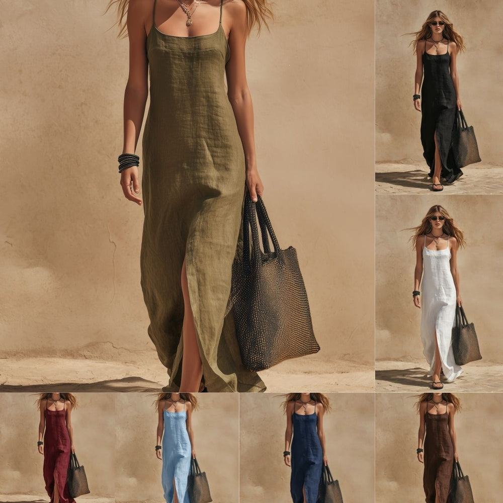 European and american cross-border independent station  summer new fashion elegant casual slit solid color camisole dress women's clothing