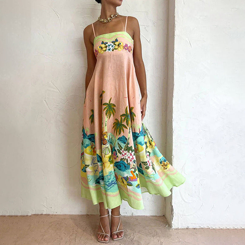 cross-border e-commerce european and american women's clothing: new summer collection - graffiti print, high-waisted cami dress with vacation vibes