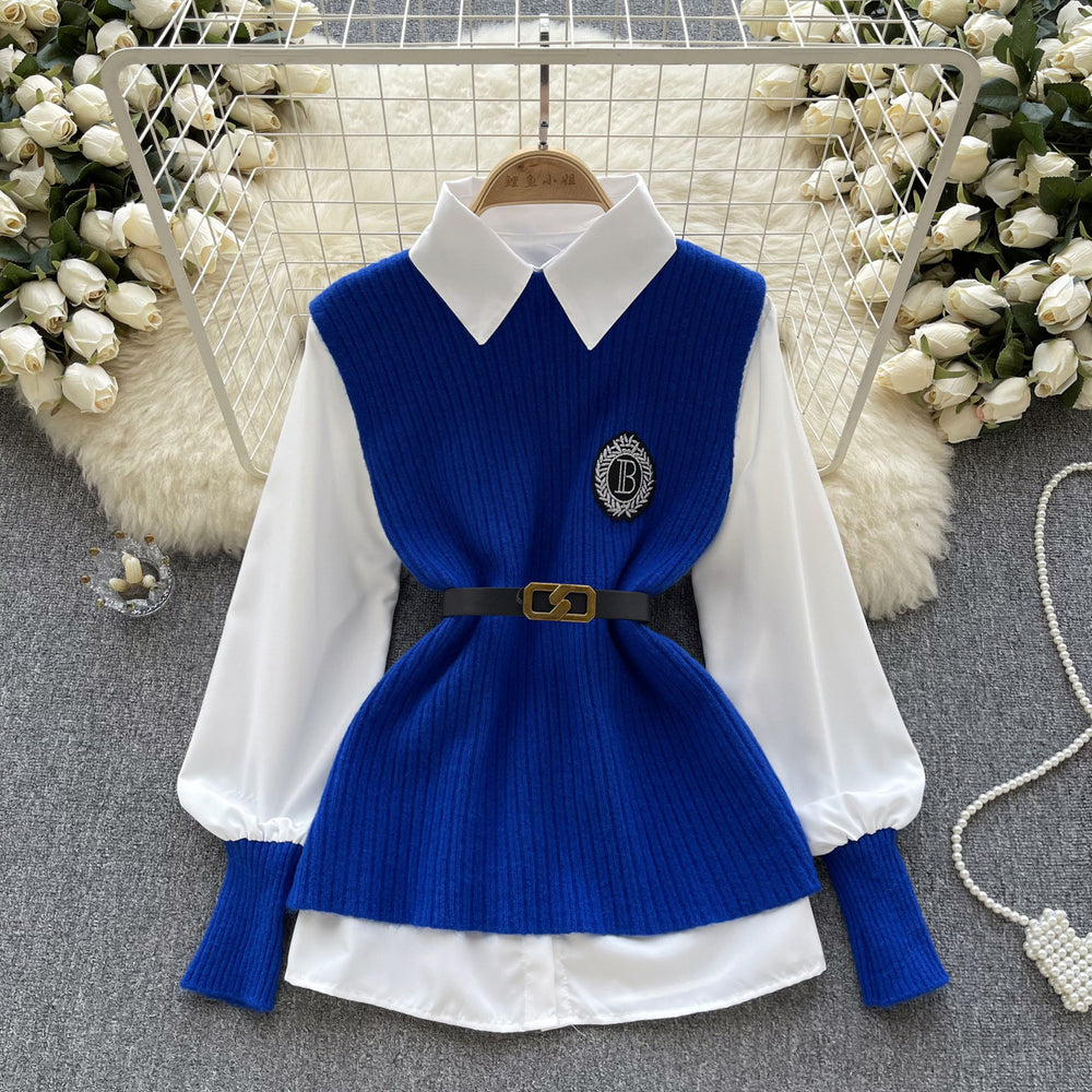 Preppy chic: women's luxury-inspired outfit set - solid color, relaxed fit long sleeve blouse + knit vest (autumn/winter)