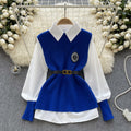Preppy chic: women's luxury-inspired outfit set - solid color, relaxed fit long sleeve blouse + knit vest (autumn/winter)