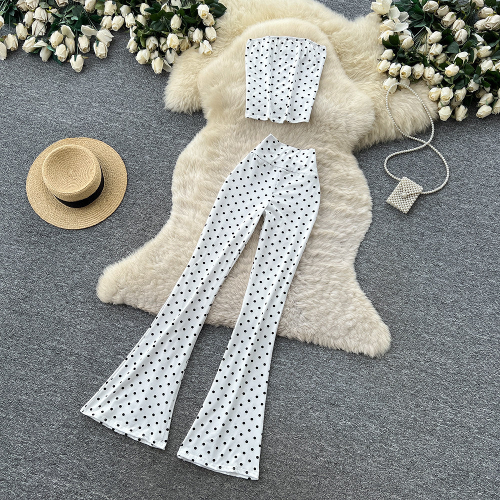 Retro polka dot tube top vest high waist bootcut pants women's summertwo-piece setwork clothing style silmslimming lookcasualsuit