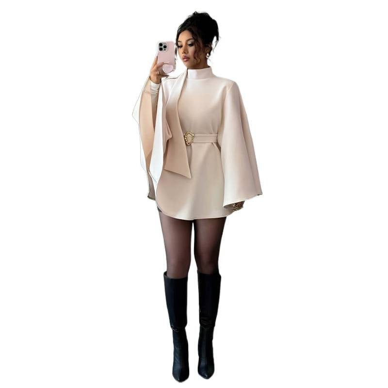 Women's autumn/winter new fashion elegant stand collar cinched waist flared sleeve solid color cape style wool coat outerwear