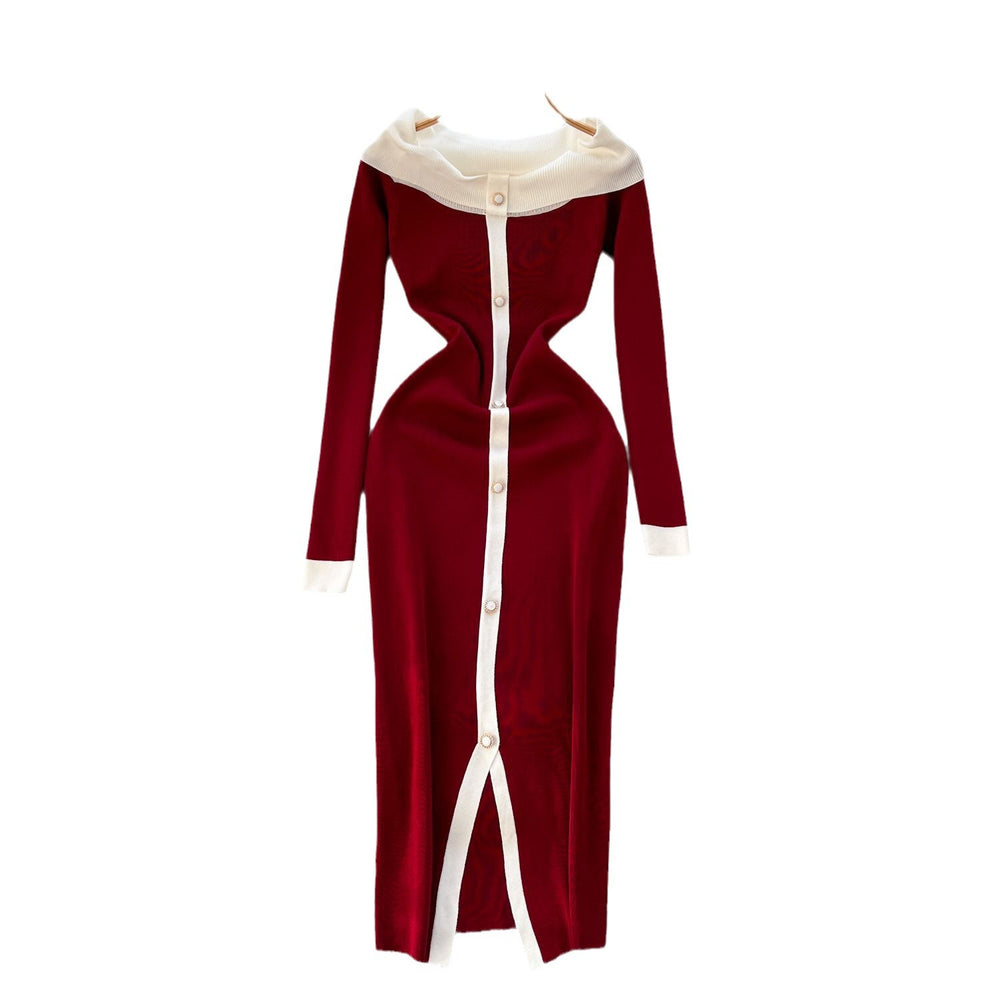 Autumn/winter elegant color block off-the-shoulder long sleeve single-breasted waist-defining knit dress - women's french style sweater dress