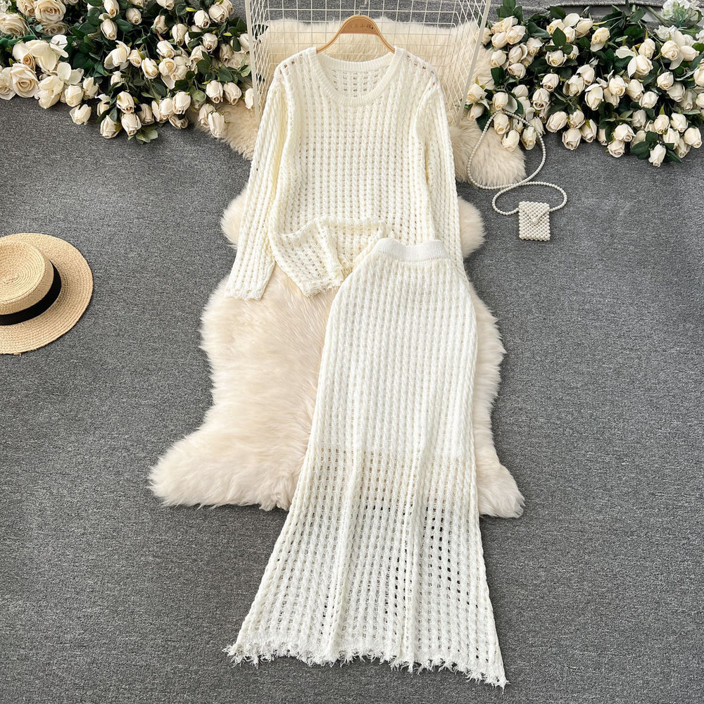 Korean style early spring outfit: effortless knit set for women - designer cutout top & versatile midi skirt two-piece trendy set