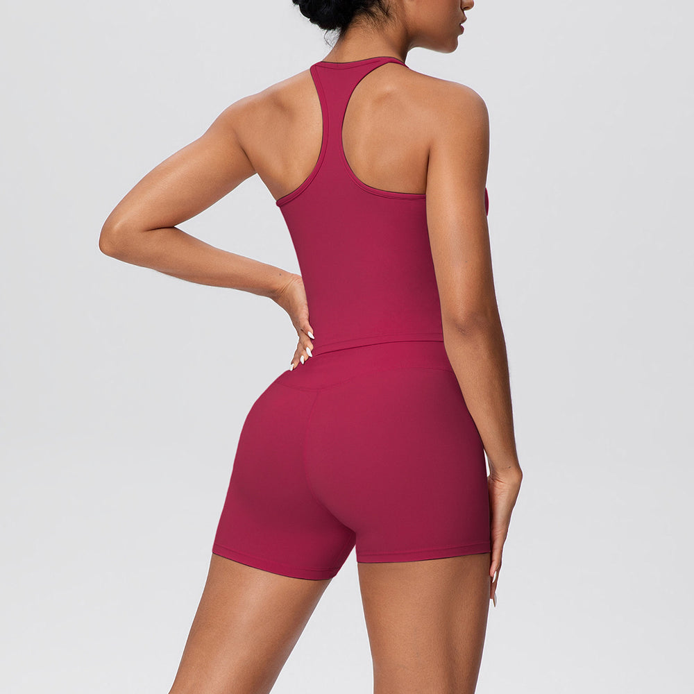 brushed back tight racerback high waist yoga suit sports running fitness shorts suit for women