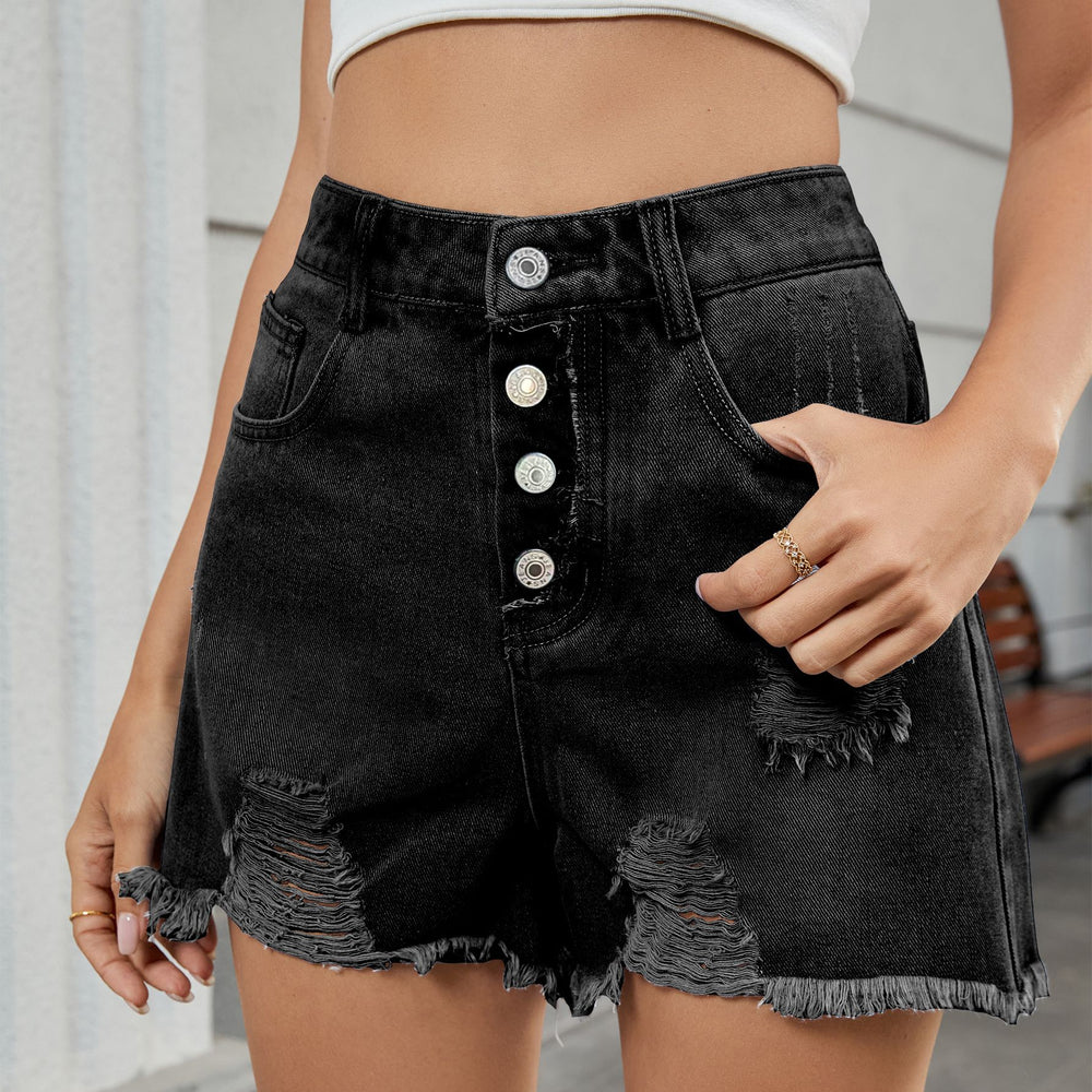Fashion cross-border summer new women's clothing   slimming look one-row button denim ripped shorts hot pants for women