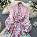 Elegant stand collar lantern sleeve printed dress - women's autumn youthful slimming a-line dress with belt