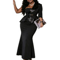 New satin patchwork one-shoulder top & slim-fit bodycon fishtail maxi skirt two-piece set