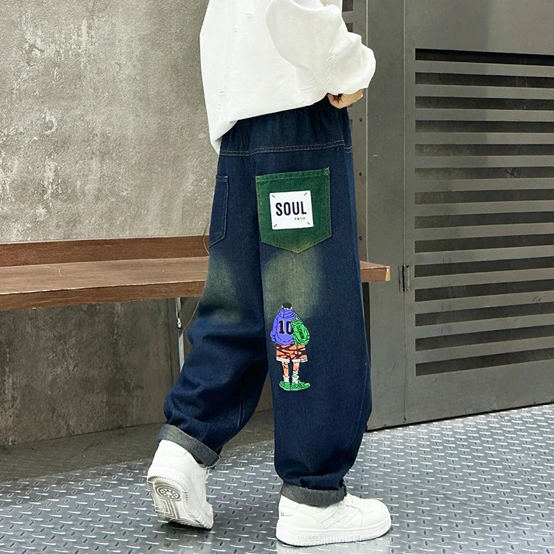 Kids' spring/autumn pants:  new boys' straight-leg jeans, autumn mid-to-large children's boys' trendy long pants