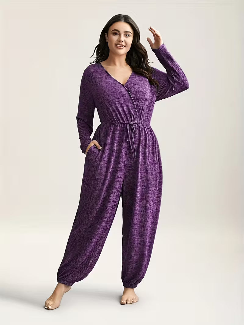 Amazon  cross-border plus size curvy women's clothing - women's long pants - women's deep v-neck tie-waist jumpsuit