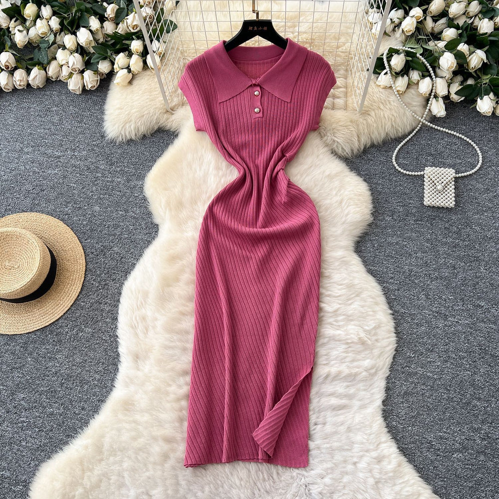 new arrivalniche styleretrok-stylefashionpolo collar short sleeve waist slimming lookelegant slit knittingdress