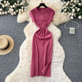 new arrivalniche styleretrok-stylefashionpolo collar short sleeve waist slimming lookelegant slit knittingdress
