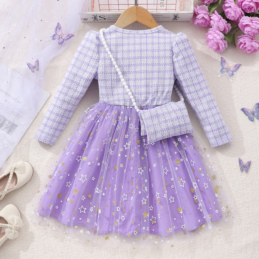 New girls' long-sleeve star mesh dress with matching mini bag