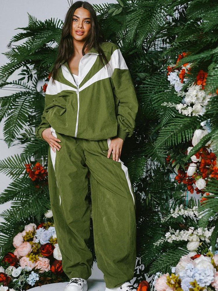 European and American loose casual women's clothing fashion contrasting colors long-sleeved sports cardigan trousers two-piece set women's trousers set women