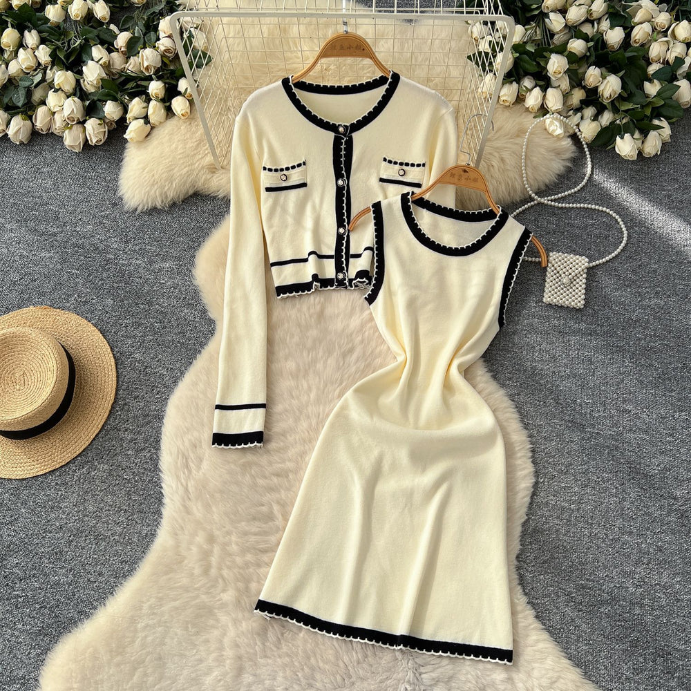 Xiaoxiangfeng socialite classysuit women's autumfashioncontrast color round neck long sleevesknittingcardigan sleeveless vest skirt