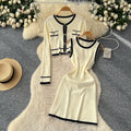 Xiaoxiangfeng socialite classysuit women's autumfashioncontrast color round neck long sleevesknittingcardigan sleeveless vest skirt