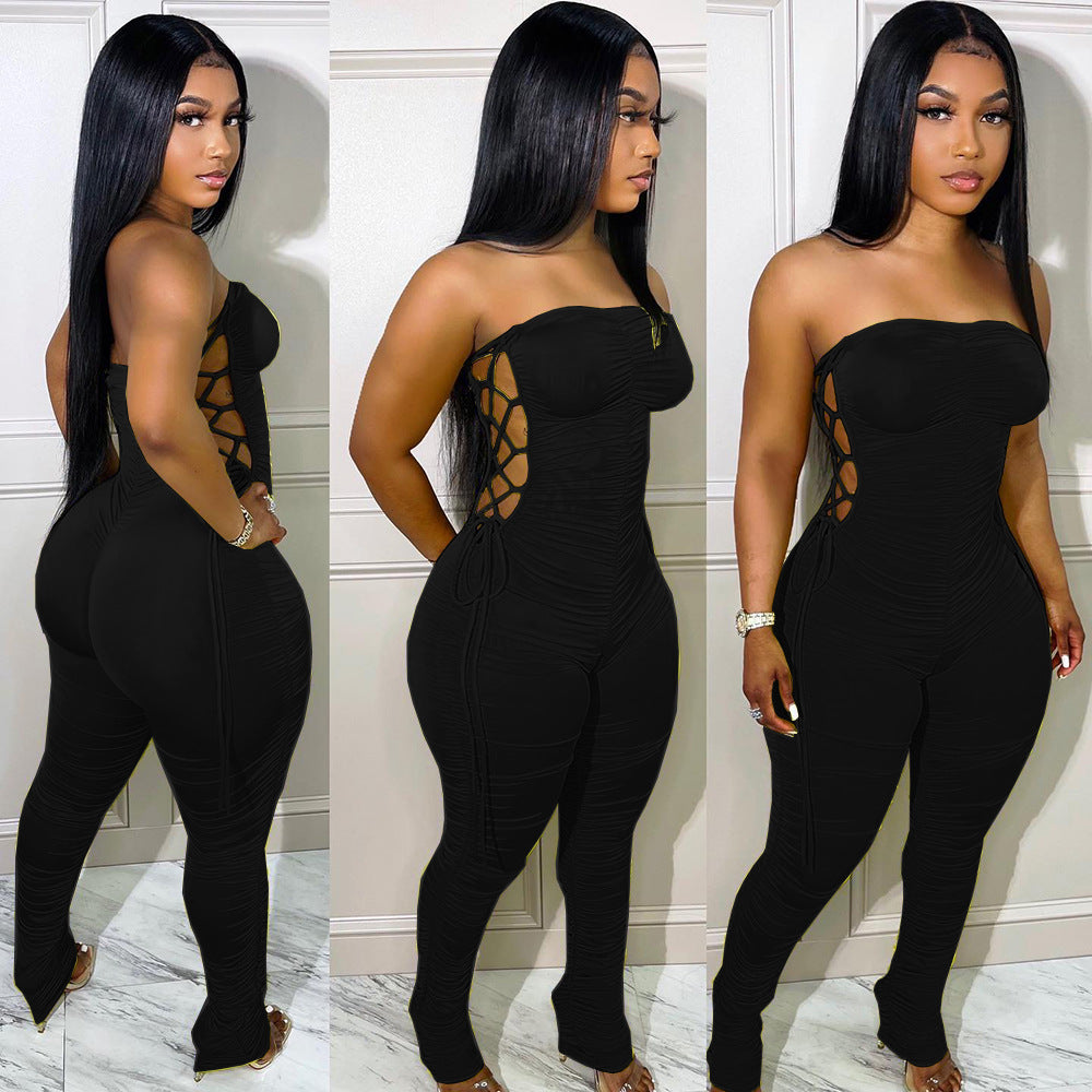 Fashion cross-border supply  women's clothing silm side tie pleated milk silk flat chest jumpsuit