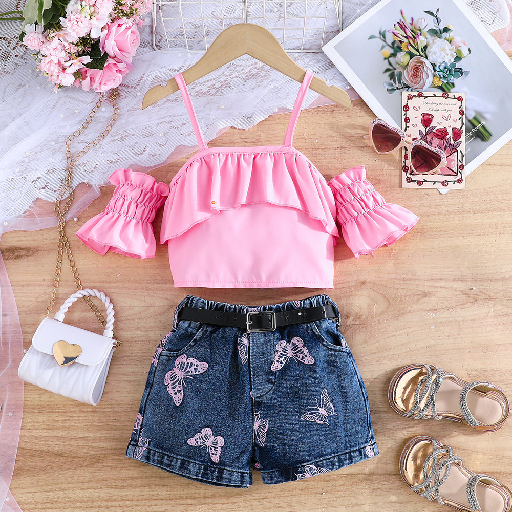 new product summergirl denim vest tops+suspender intimates+green 100% off skirt+belt four-piece set