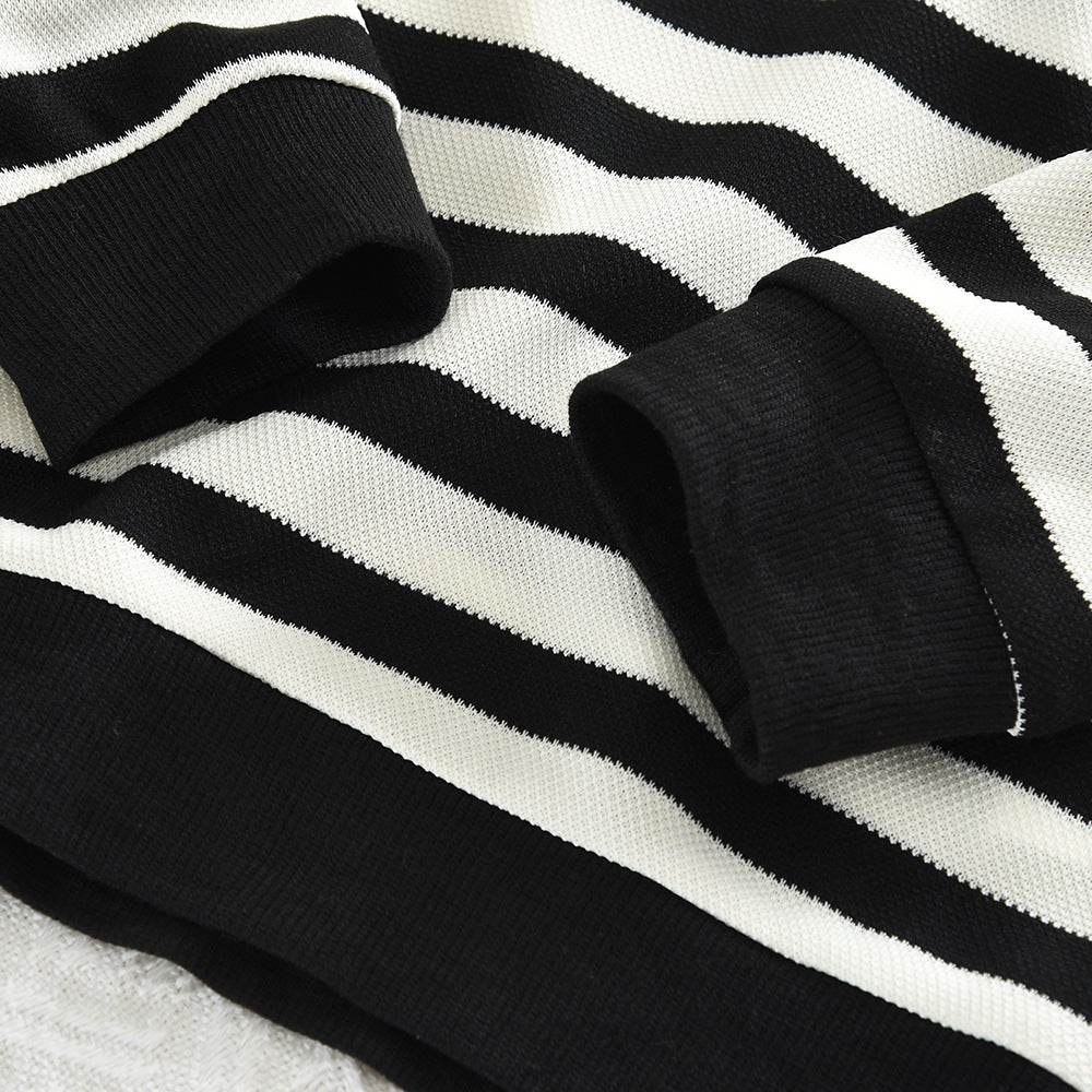 Girls' black and white striped sweatshirt set -  new fashionable and versatile kids' top and flared leg pants two-piece outfit