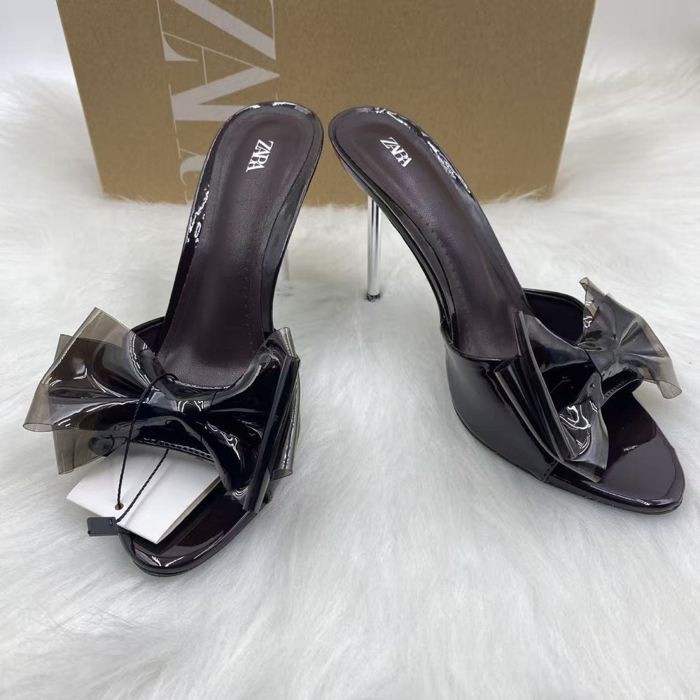Za 2024 summer new women's pink bow high heel mules - round toe, open back, stiletto heel sandals
