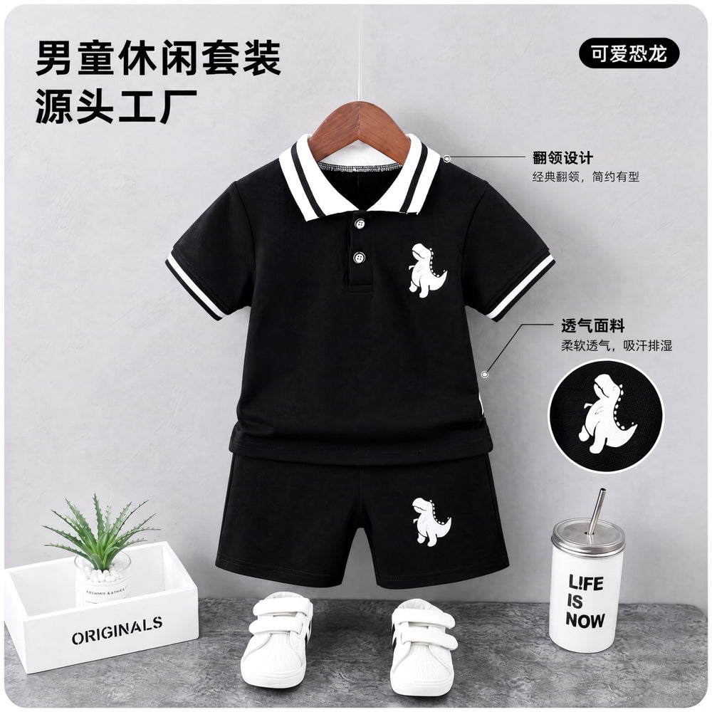 children's wear: boys' summer casual fashion dinosaur embroidered polo shirt + shorts two-piece set - wholesale