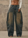 Fashionjeans women's retro distressed patchwork scimitar loose pants high street large flap pocket pants washed looseworkwearpants