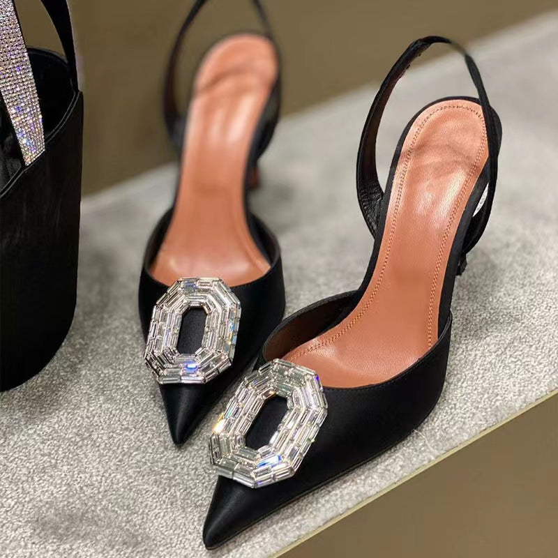 2026 early spring new pointed-toe rhinestone square buckle sexy high heel sandals, silk satin cutout back strap women's sandals