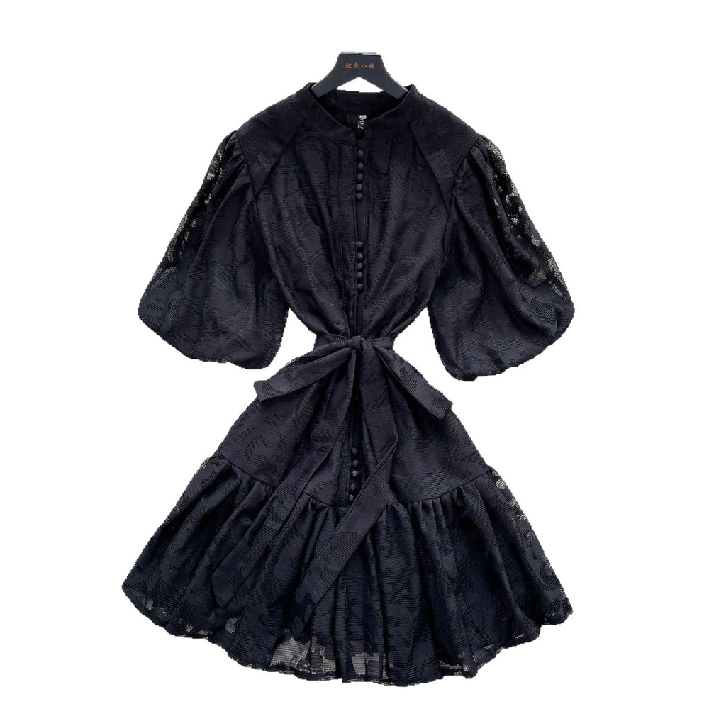 Accessible luxury palace style puff sleeve dress women's summer mesh embroiderpatchwork stand collar design elegant royal sister short skirt
