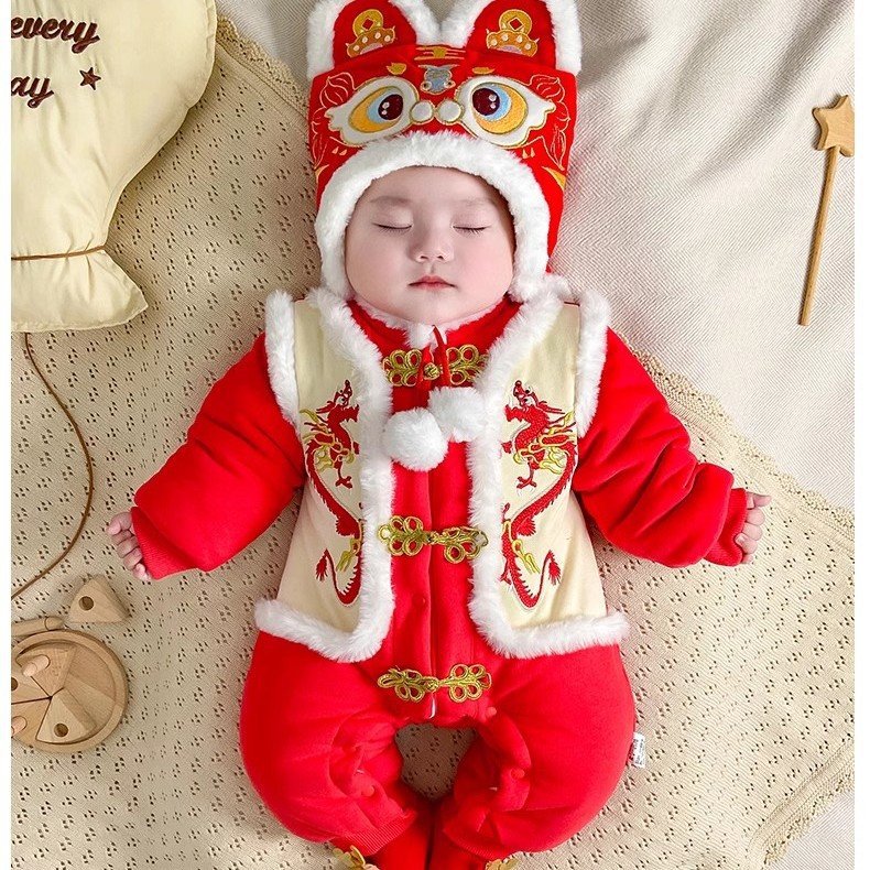 Baby new year's quilted thickened romper winter jumpsuit newborn chinese style full month celebration outfit