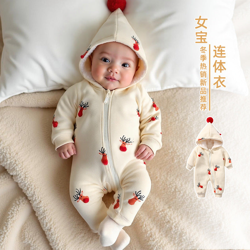 Baby fall and winter clothes jumpsuit fleece-lined men's and women's baby long sleevesheattech zipper shirt romper hooded christmas deer