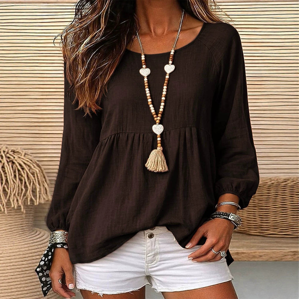 Export holiday style doll textured linen round neck cuff long sleeves pleated hem loose pullover shirt