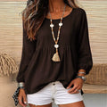 Export holiday style doll textured linen round neck cuff long sleeves pleated hem loose pullover shirt