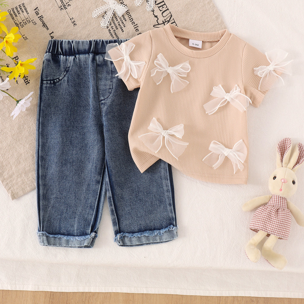 Baby clothing kids set children outfit apricot short-sleeved t-shirt + blue long