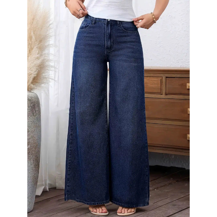 new women's casual jeans  washed trendy wide-leg jeans fashionable dark blue