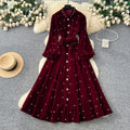 Frenchretroclassy heavy industry nail diamond stand collar lantern sleeves straps waist single breasted large swing velvet dress