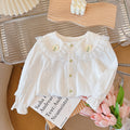 Autumn new arrival: 100% cotton long-sleeve shirt for girls - all-season wear with peter pan collar, lace trim, and clover appliqué