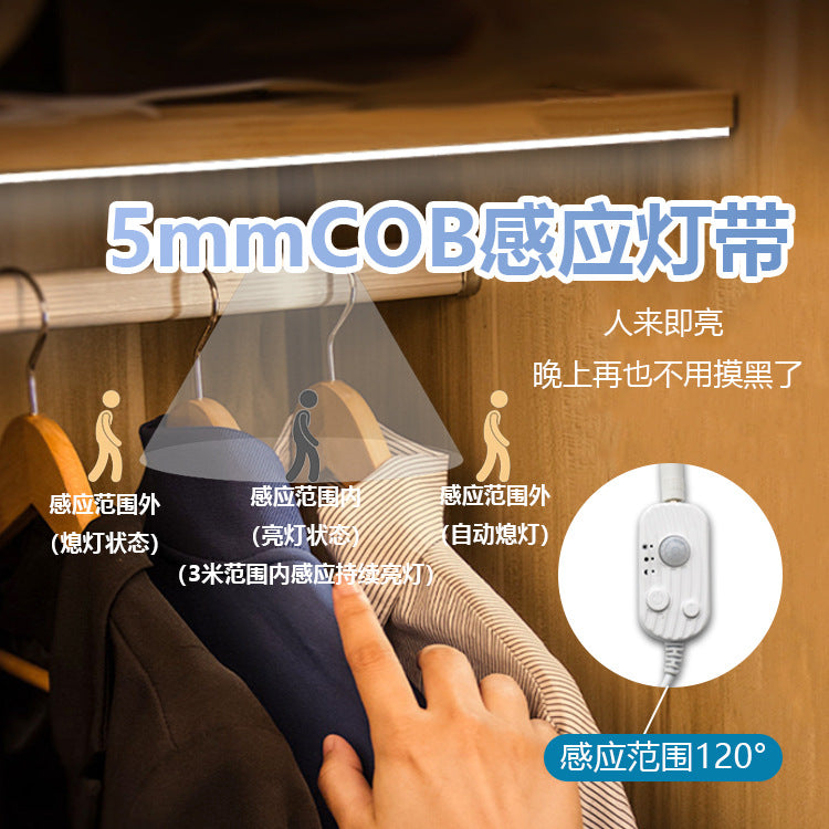5VCOB light strip, battery box, wiring-free led light strip, self-adhesive usb charging and plug-in, intelligent human body induction light