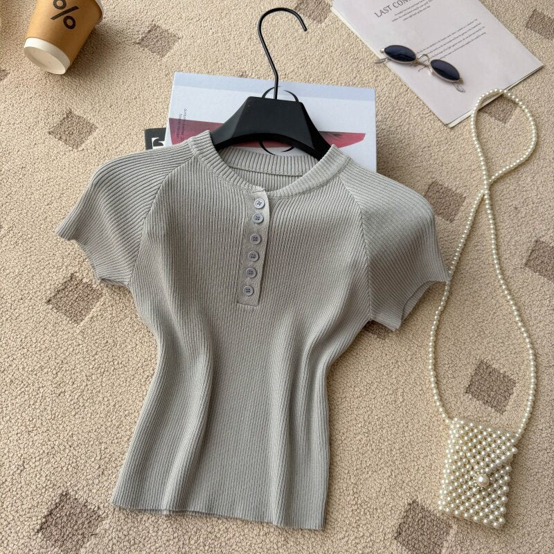 Old money style knittingcasualpure colorcasual women's summereasiest for matchslimming look single breastedv neckwork clothingtops multi-color
