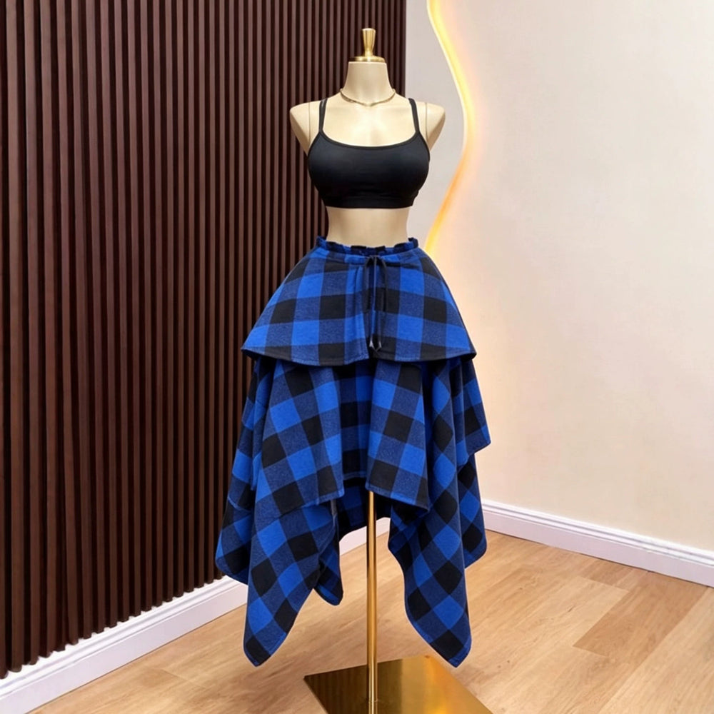Colorful plaid elastic waistband free sizeasymmetrical hem large hem skirt tie backfashioneasiest for match