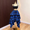 Colorful plaid elastic waistband free sizeasymmetrical hem large hem skirt tie backfashioneasiest for match