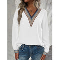 women's v-neck embroidered trim blouse - long sleeve bohemian lace detail casual top for everyday wear and vacation
