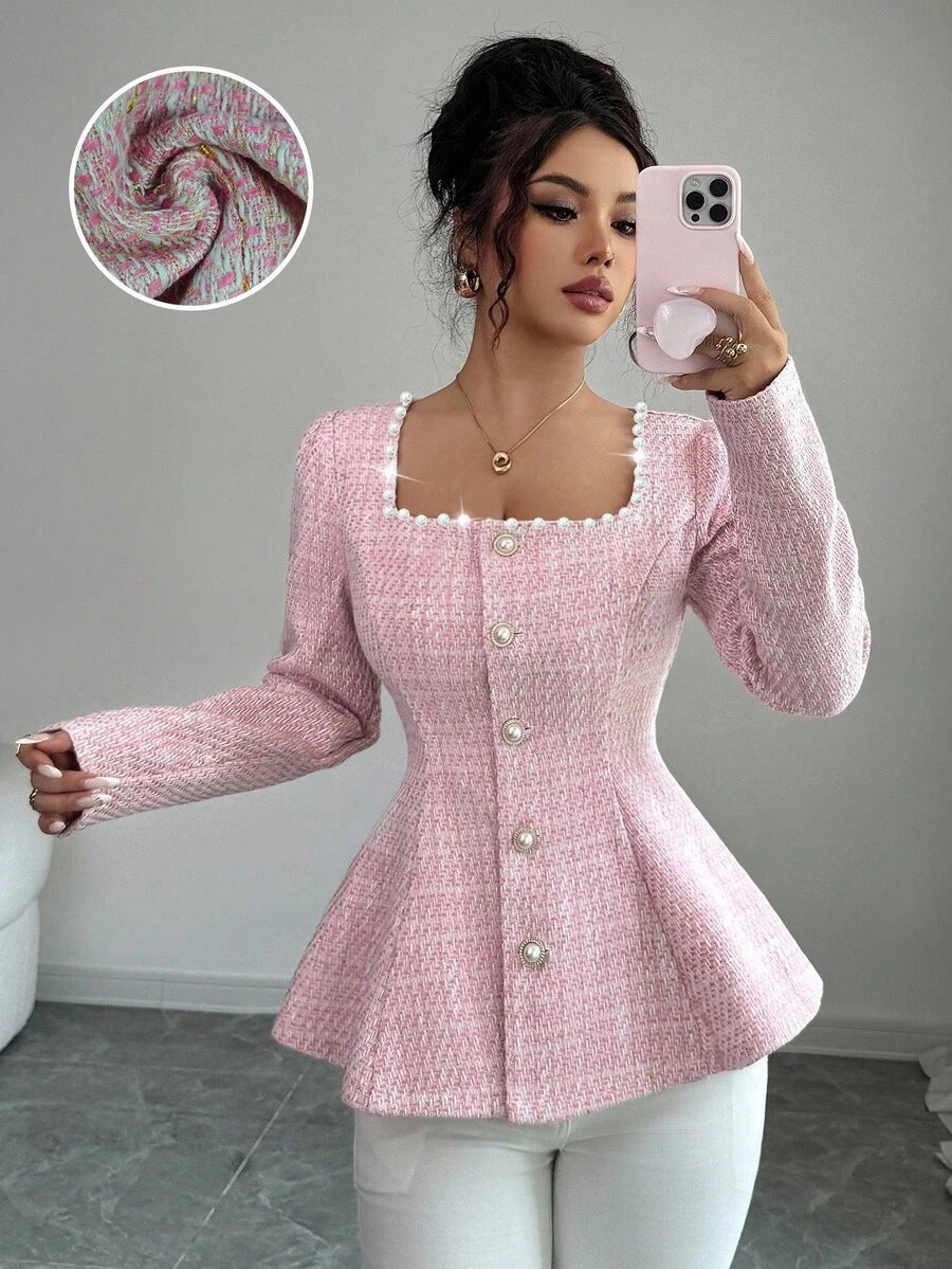 european and american cross-border women's fashion: new elegant pink long-sleeve top