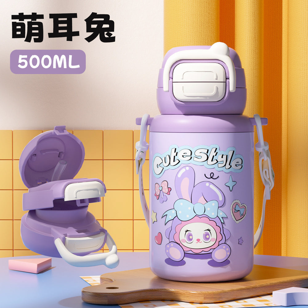 Cartoon kids double-drink bouncing cup - cute & fun student straw cup with portable strap - 316 stainless steel insulated tumbler