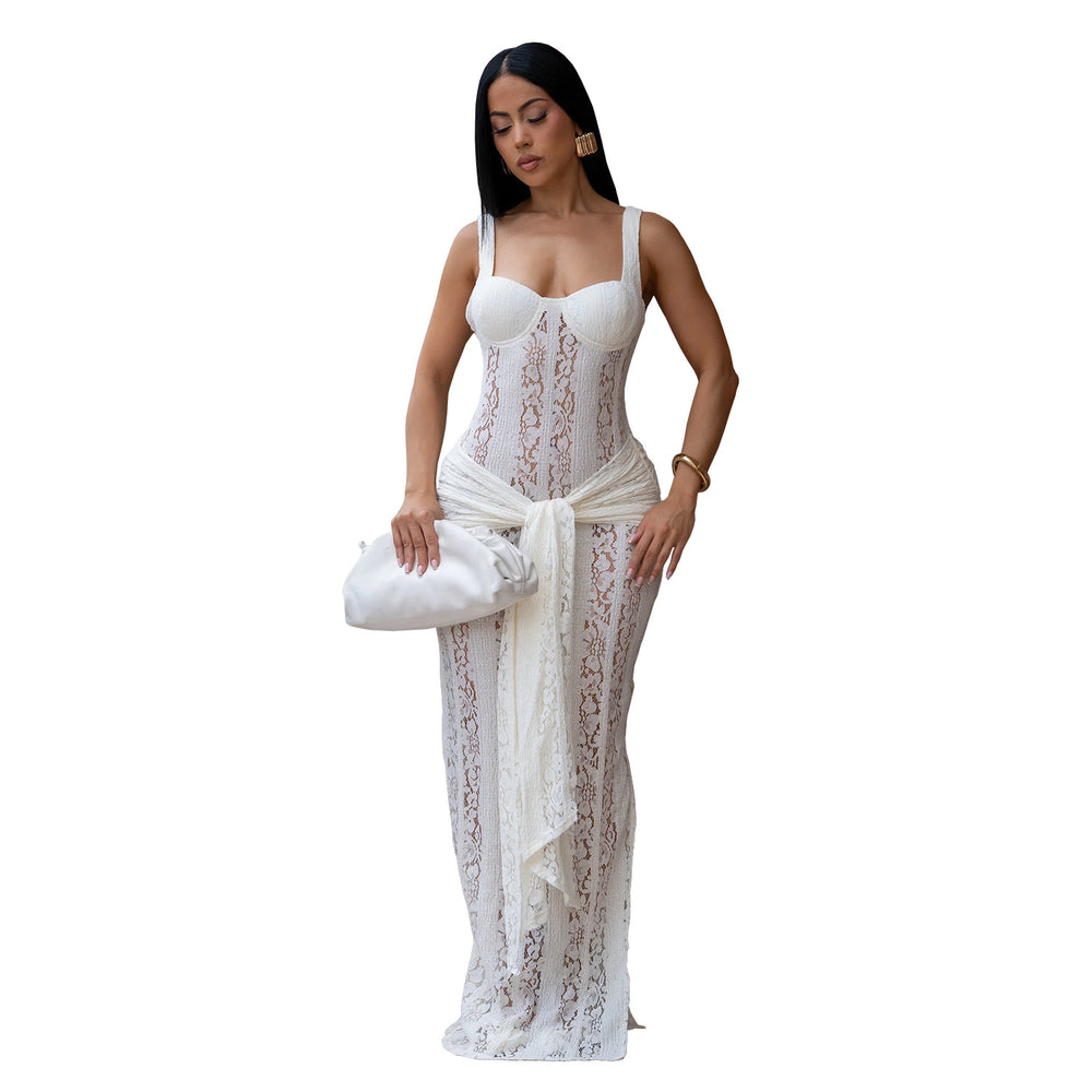 C7705 cross-border   fashion women's sexy see-through lace strappy bodycon dress